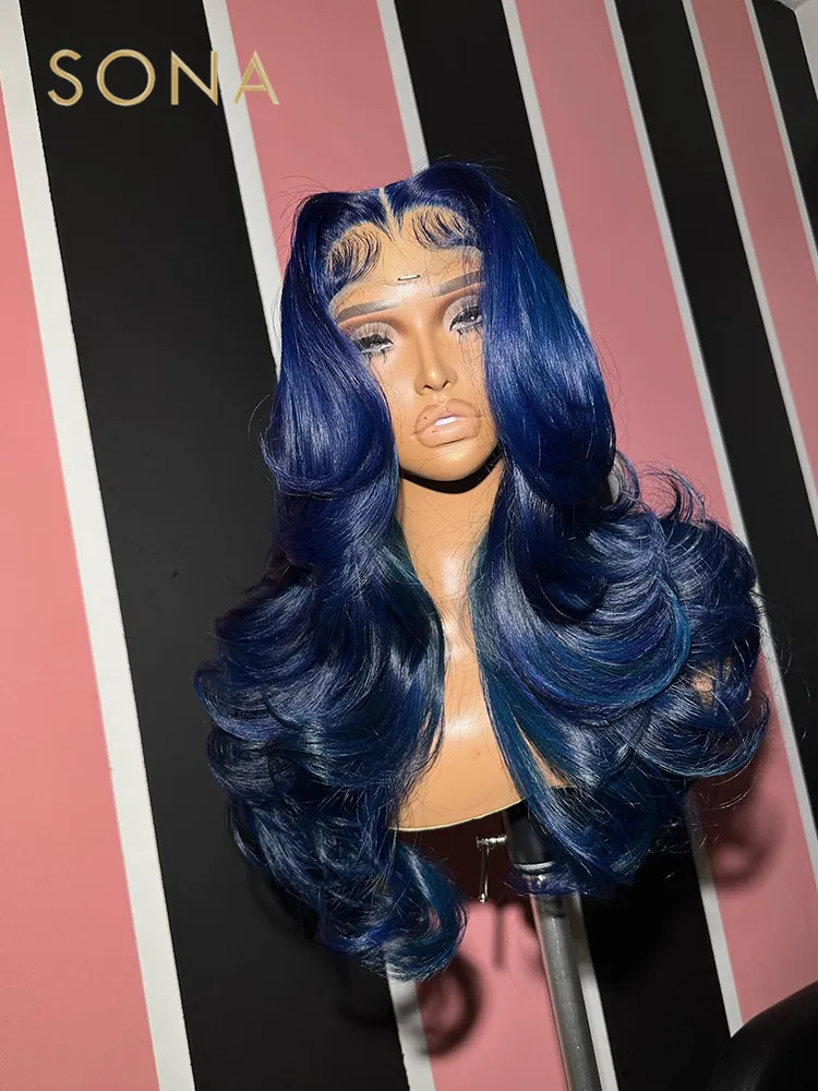 Navy Blue 13x6 HD Transparent Lace Frontal Wig Pre Plucked Blue Lace Front Colored Body Wave Human Hair WIgs