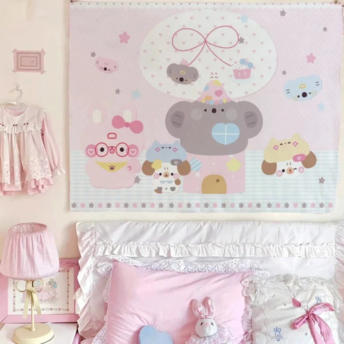 Kawaii Koala Pink House Tapestry Cute Cartoon Animal Rabbit Dog Print Wall Hanging Pastel Polka Dot Girls Bedroom Dorm Decor