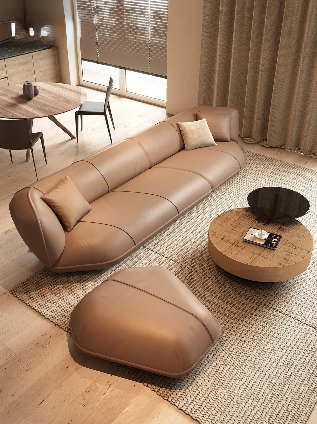 Straight sofa Brown living room Italian high-end luxury four-person three-person leather sofa designer creative abnormity