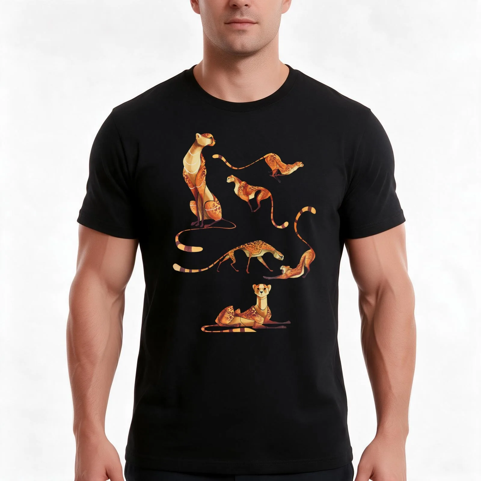 Cheetah poses T-Shirt, Summer Casual Cotton Tee, Oversized Streetwear Tops, Vintage Graphic Print, Loose Fit Short Sleeve