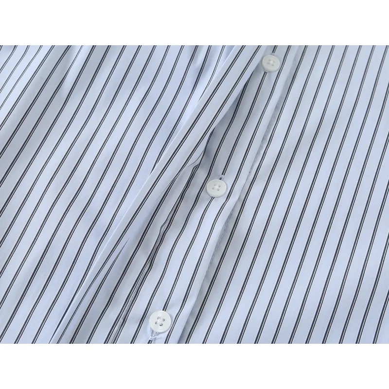 Damen Herbst Hellblaue Vertikal Gestreifte Bluse mit Schleifenkragen, Langen Ärmeln, Knopfleiste, Elegante Büro- und Pendler-Bluse – Detail 7