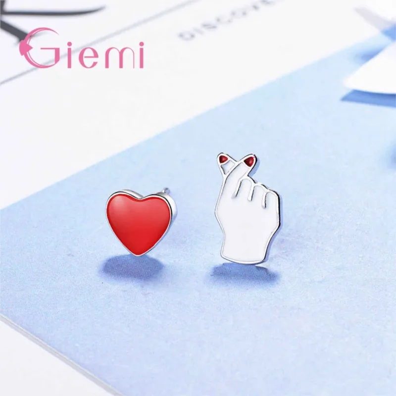 Romantic New Latest Red Heart Hand Shape Stud Earrings For Girl Women 925 Sterling Silver Jewelry Brincos Wholesale Price