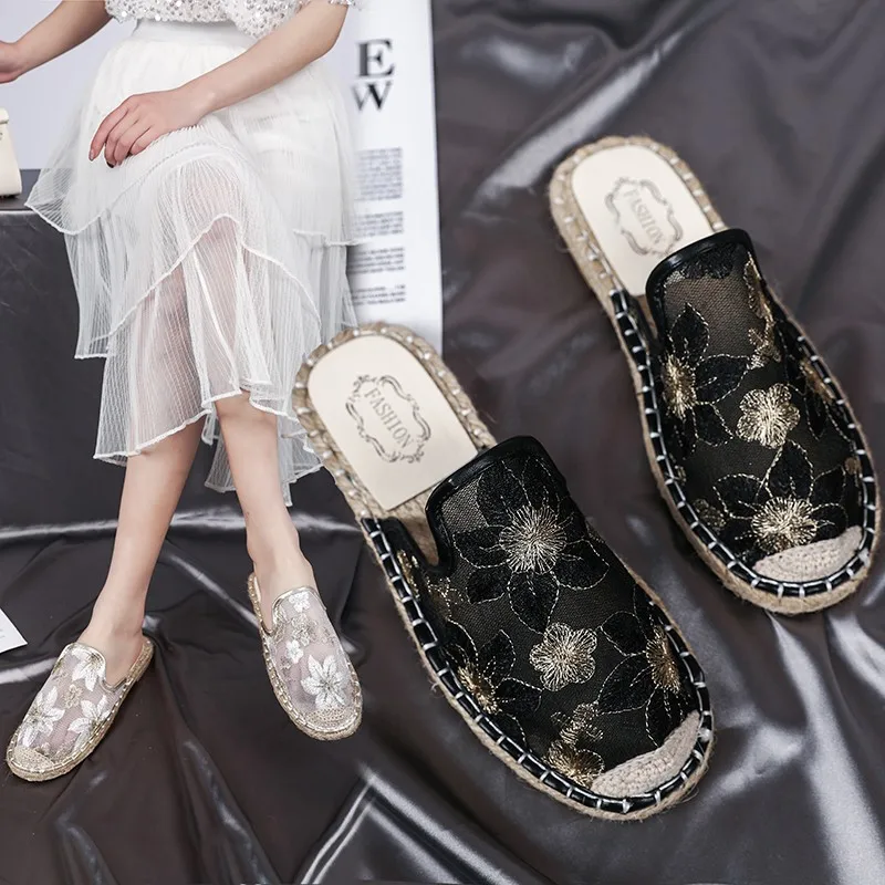 2023 Woman Shoes Air Mesh Bling Half Slippers Women Mules Fish Scales Slides Hemp Flat Heel Shoes Women Cotton Fabric Shoes35-43