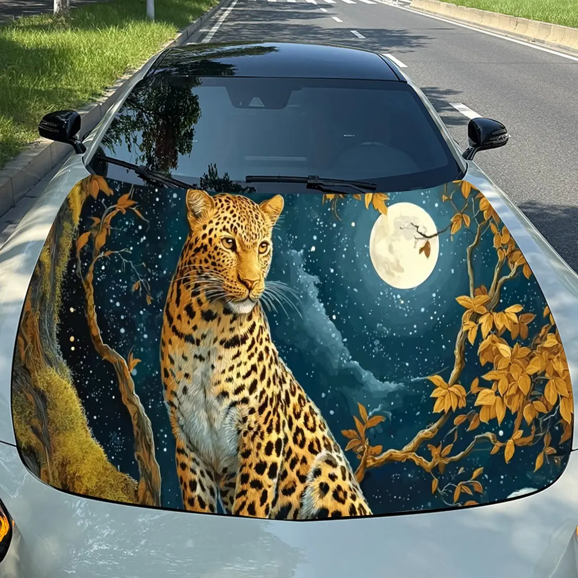 

The Leopard Under The Full Moon Durable Car Hood Stickers, Suitable for Most Vehicles, Ideal Gift, for Exterior Use, Vehicle Hoo