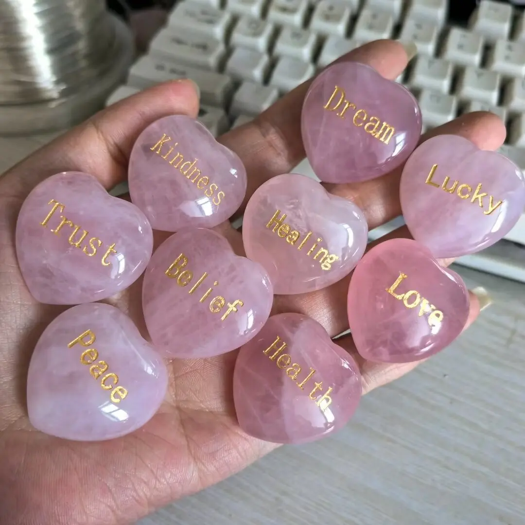 Random1pcs Rose Quartz Heart Inspirational Stone Engraved Love Natural Pink Crystal Valentine\'s Day Gifts