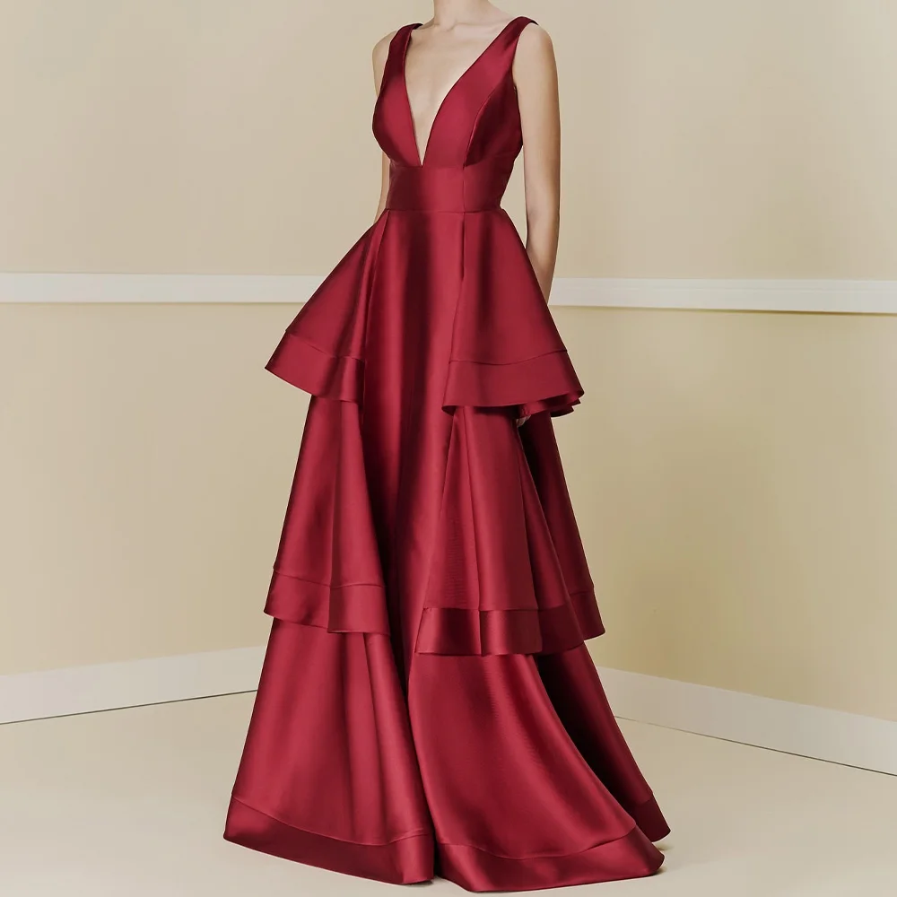 

Customized Fashion Satin A-Line Cap Sleeve Tiered Evening Dresses V-Neck Sleeveless Zipper Back Panel Train Bridal Party