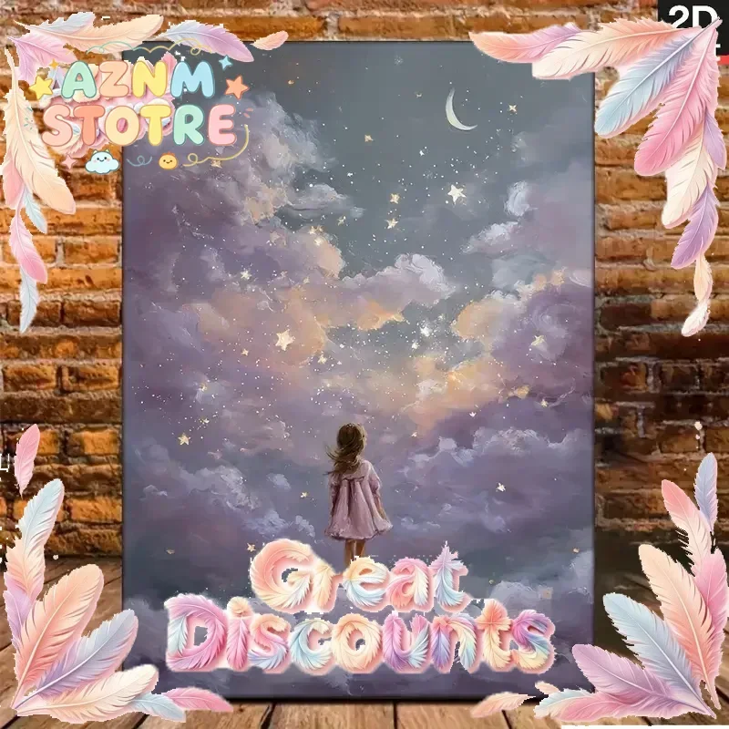 1 pieza de arte de pared para niñas con diseño de estrella brillante - Pintura de bebé niña en tonos lila, verde menta, rosa pastel y morado con noche estrellada S