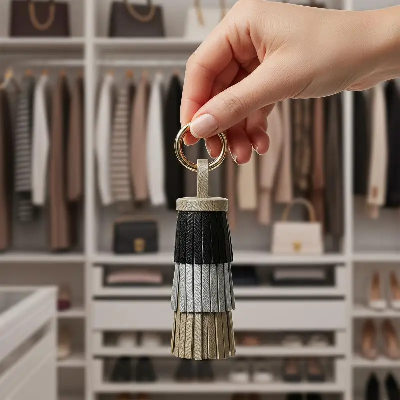 Handgefertigte Bohemian-Lederquaste - Luxuriös dicke Fransen mit großem Metallring für Taschen & Schlüssel, perfekt als Geschenk – Detail 1