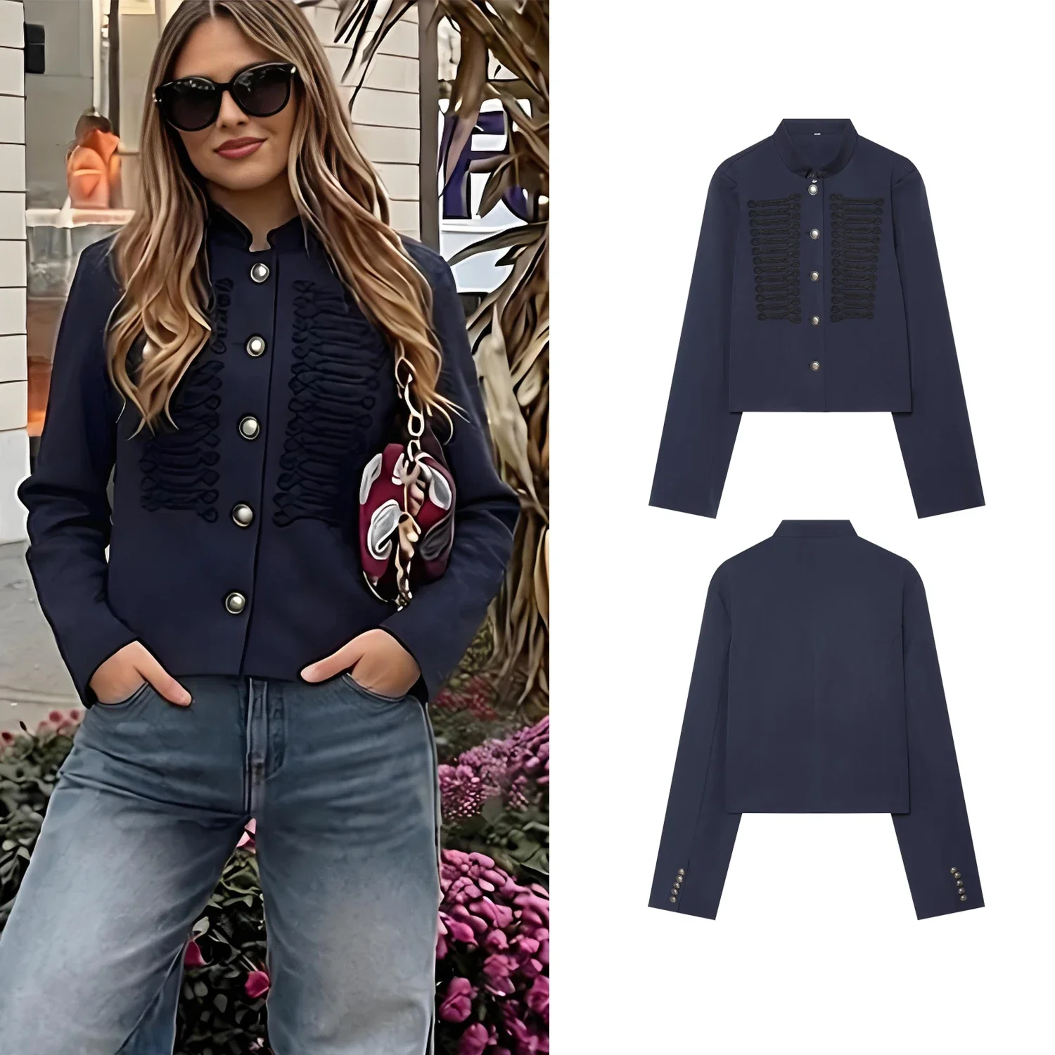 Autumn Female Women Napoleon Style Short Jackets Chic Rope Knot Buckle Cropped Coats Lady Fashion Long Sleeve Street Outerwear