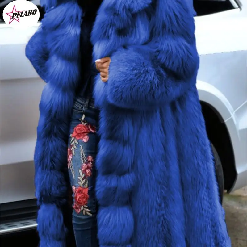 PULABO Fashion Simulation Fur Jacket Women's Fur Hooded Coat Super Long Warm Coat Multicolor Long-sleeved Ladies Coat