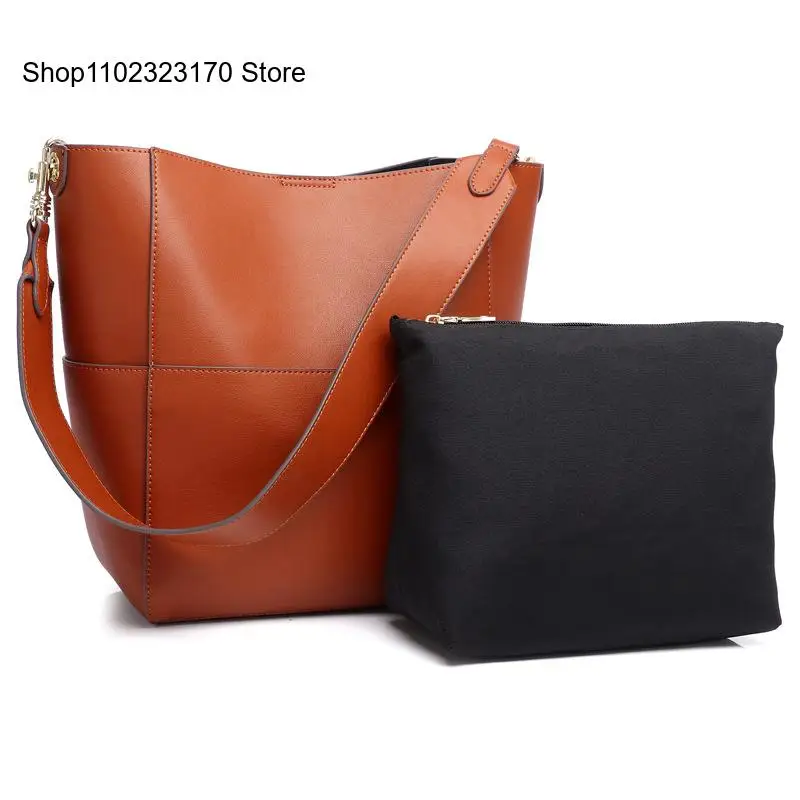 Genuine Leather Large Capacity Single Shoulder Crossbody Tote Bucket Bag for Women