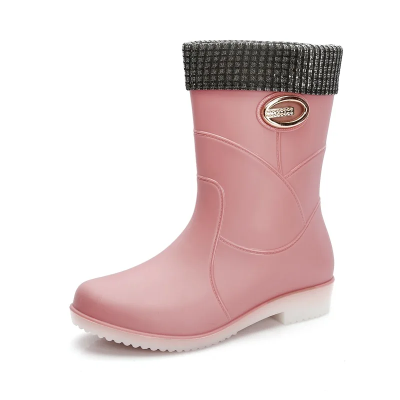 Women's Metal Decoration Mid-Calf Rain Boots Outdoor Platform Water Boots Non-slip Waterproof Work Shoes Flat With Rainboots
