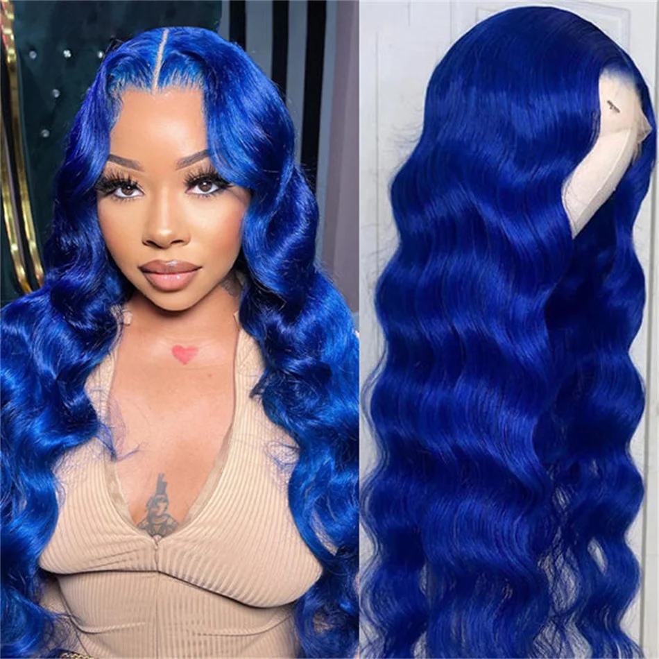 13X4 Blue Body Wave Colored Lace Front Human Hair Wigs For Women Colored Transparent Full Lace Frontal Wig Pre Plucked On Sale