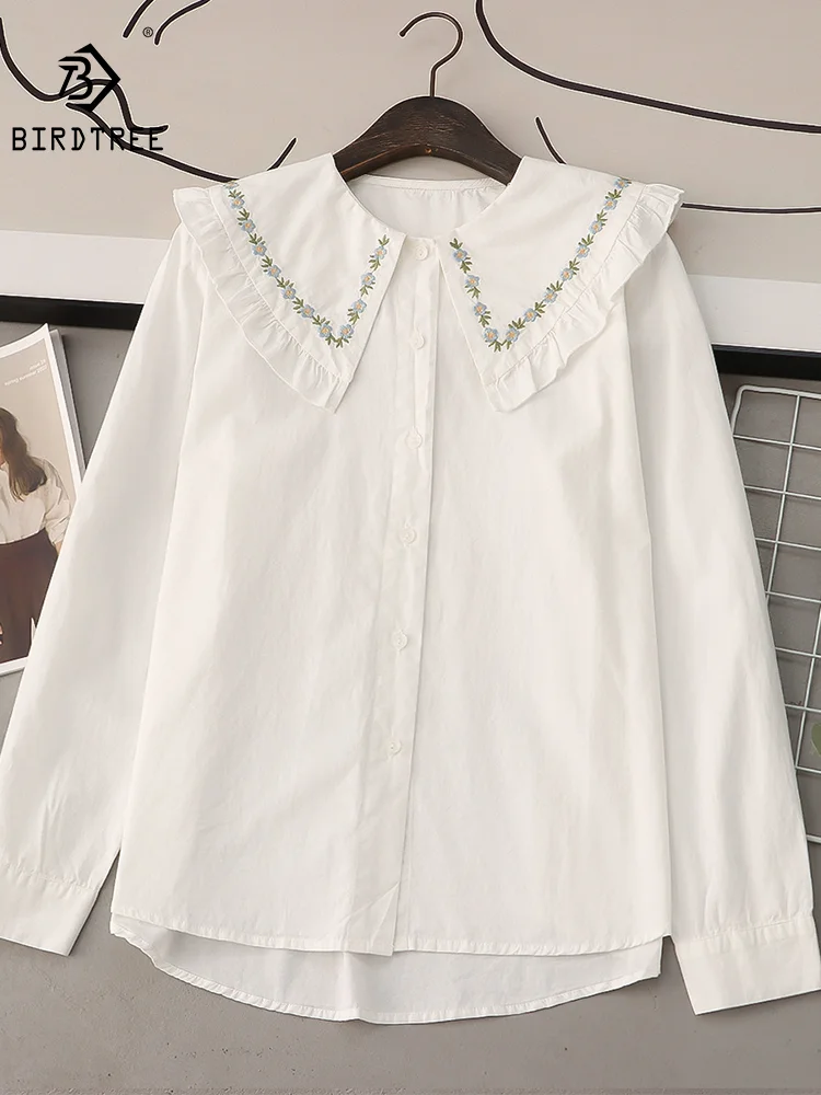 Spring New Women Pleated Cotton Lace White Shirt Full Sleeve Turn Down Collar Casual Blouse Office Ladies Bottoming TopsT32608Z