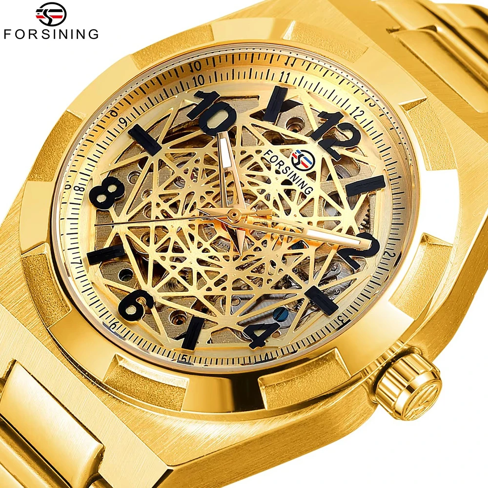 

Forsining Мужские Автоматические Часы Нержавеющая Сталь Браслет Золотой Скелетон Светящиеся Стрелки Водонепроницаемость 3АТМ Модный Тренд Роскошный Подарок