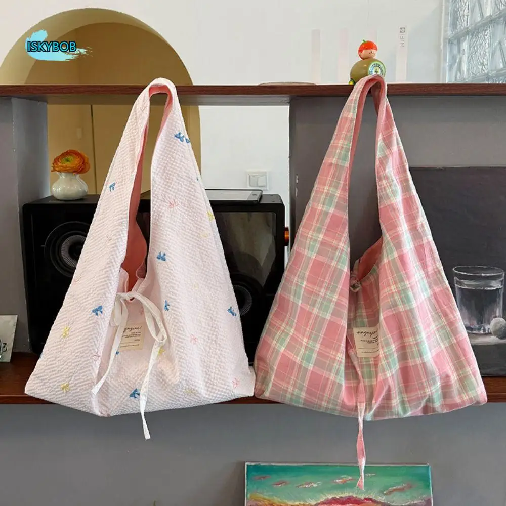 

Casual Embroidered Bow Canvas Plaid Shoulder Bag Lovely Double Side Cloth Hobo Bag Sweet Korean Style Underarm Bag Shopping