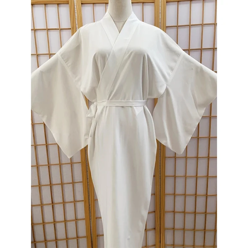 White Traditional Japanese Kimono with Belt Robe Length Sleeves Yukata Lining Pajamas for Vacation Spa Hospital Deliver and Gym