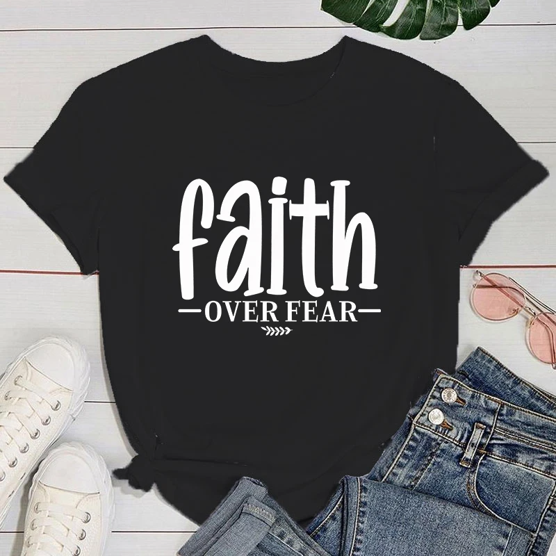 

(Premium T-shirt)Fashion Funny Faith Over Fear Printed T-Shirts Women Summer Casual Short Sleeved T-Shirts Round Neck Tops