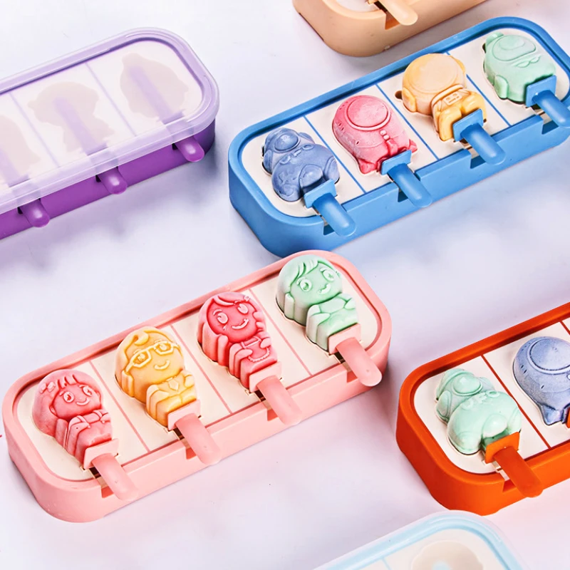 Cartoon Space Rocket Astronaut Ice Cream Silicone Mold With Lid Family Popsicle Ice Cube Tray Mold Cheese Kitchen Accessories