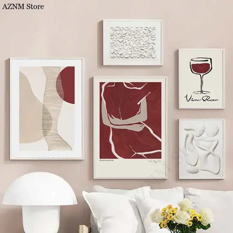 Moderner abstrakter Rotwein-Linien-Körper, weißer Umarmung, Wandkunst, Leinwanddruck – dekoratives Poster für Wohnzimmer, Salon