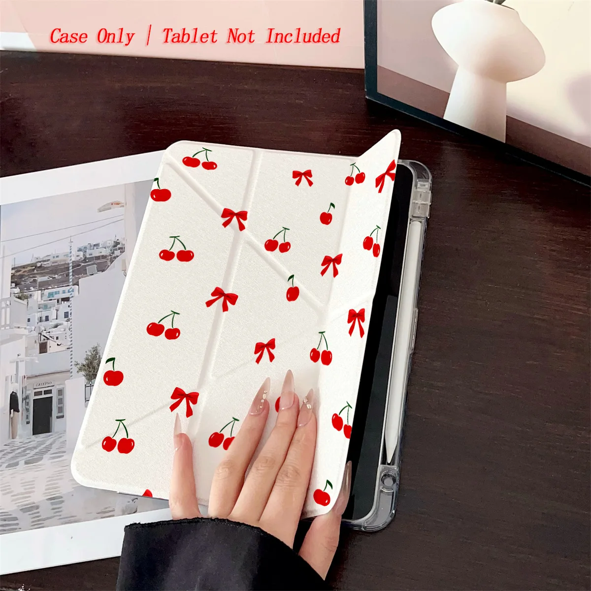 

Modern Sweet Y-Fold Acrylic Vibrant Red Cherry & Bow Motifs iPad Cover For Apple iPad 9th-10th Gen Air 5 Mini 6 Shockproof Case