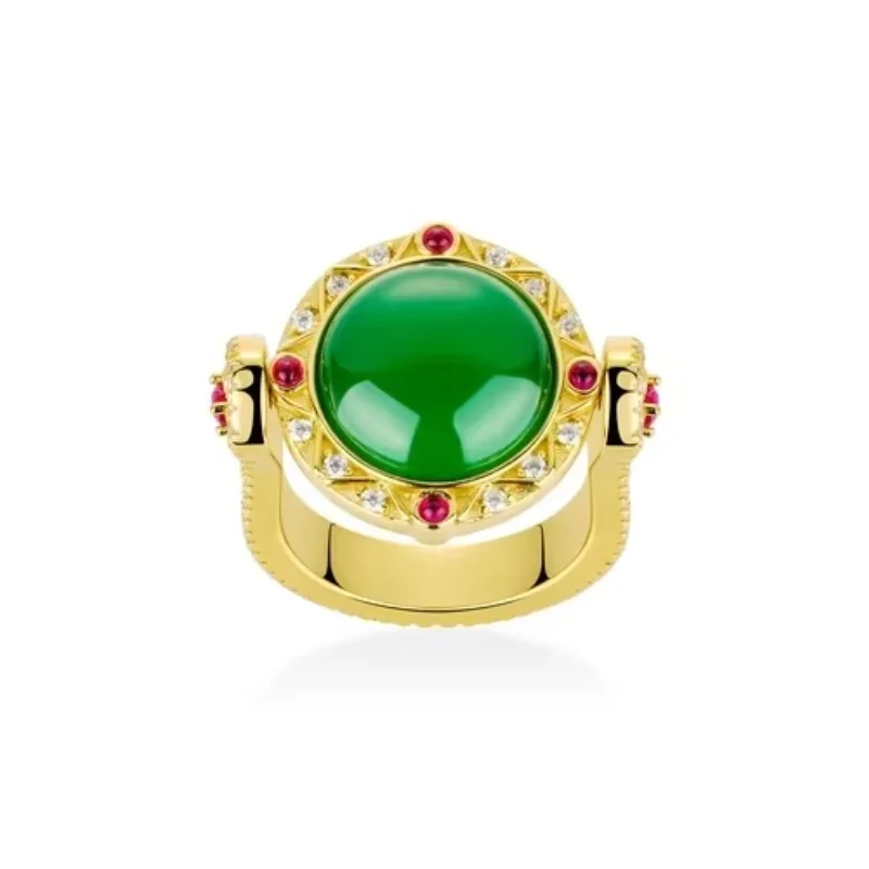 

BELLUX 925 Silver Synthetic Zircon Green Chalcedony Round Gold Arm Engraving Ruby Vintage Ring