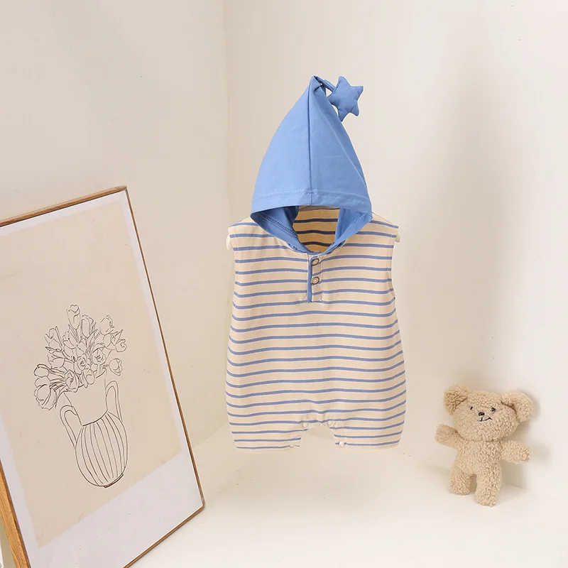 Cute  Baby Romper Star Hooded Striped Cotton Sleeveless Infant Onesie Lightweight Cool Outfit for Baby