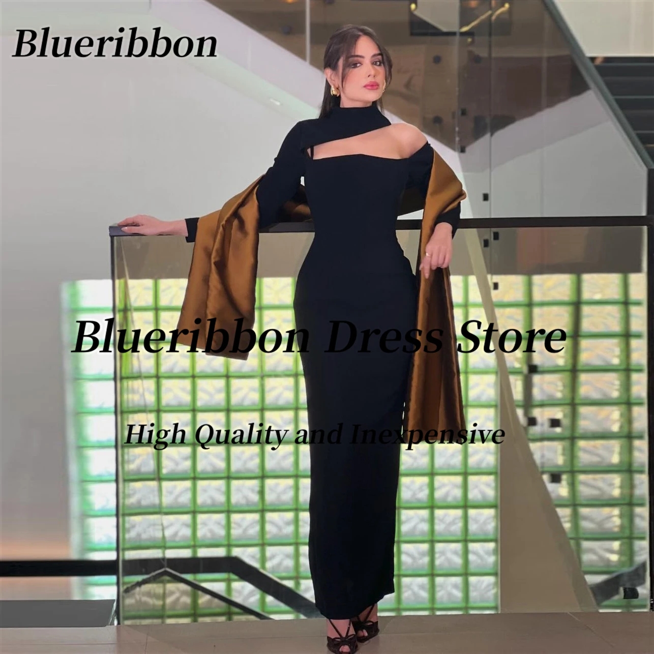 

Blueribbon 2024 Newest Prom Dresses Halter Neck Long Sleeves Black Evening Gowns Wraps Saudi Arabia Women Wear Vestidos De Noche