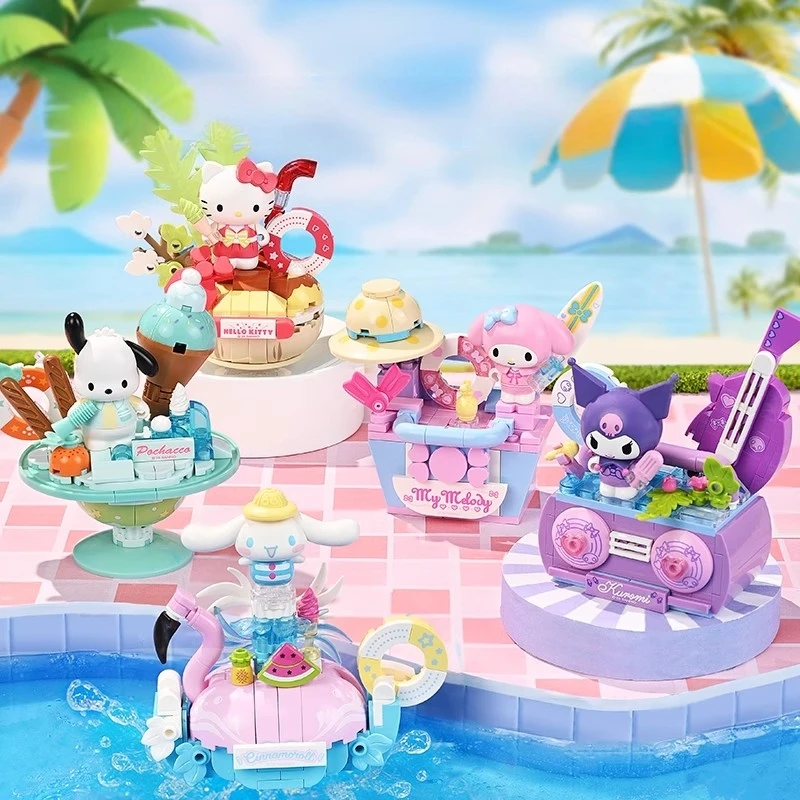 Keeppley Sanrio Building Blocks Summer Party Series My Melody Kuromi Modello assemblato Ornamenti Regali di compleanno Giocattoli per bambini