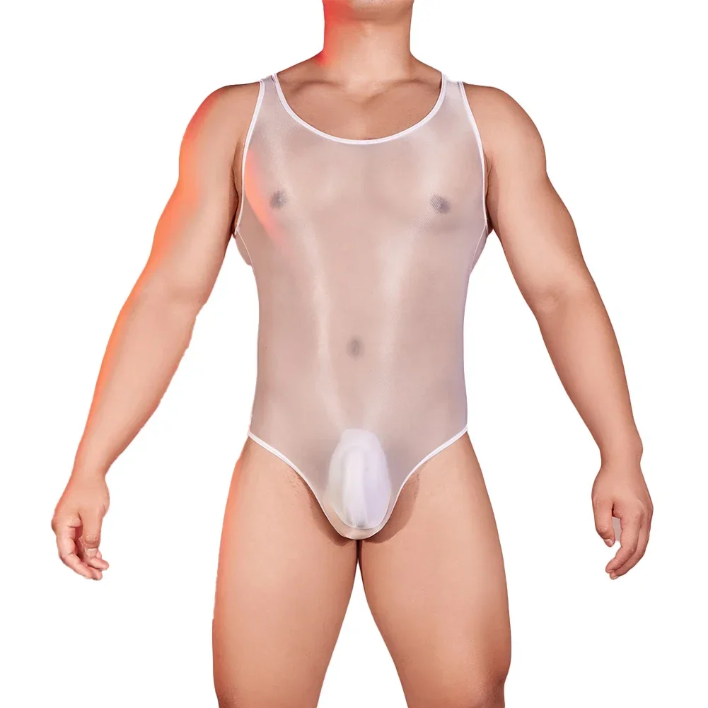 Oil Glossy See Through Stretchy Sleeveless Playsuit For Men Sexy Bodysuit Sheer Mesh Perfect Swimwear And Lingerie-Choice