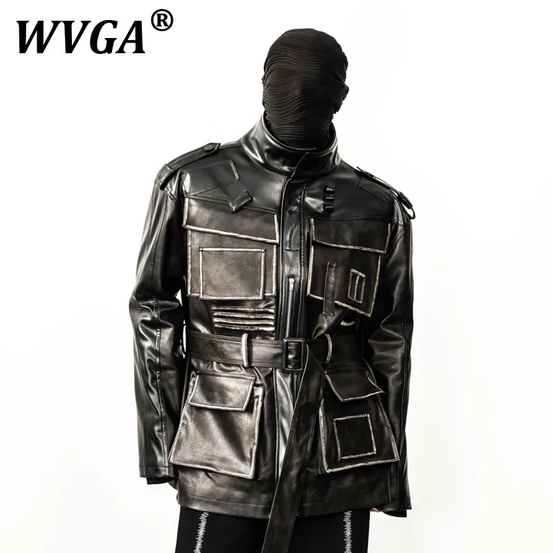 

WVGA Winter New Man Y2K High Street Painted Leather Design Safari Style Jacket Pockets Niche Dark Punk Chic Niche Coat Ins W8348