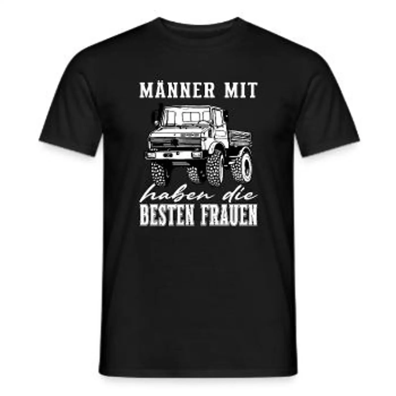 Men with Unimog Offroad Universal Motorized Equipment Men's T Shirt Black Front AI Model Male 178 light 178cm vintage Washed