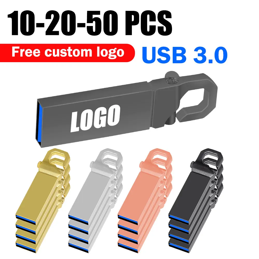 

10/20/50pcs Metal Free Key Chain USB3.0 Flash Drive Metal Pen Drive 128GB 64GB 32GB Pendrive Waterproof Memory Usb Stick High