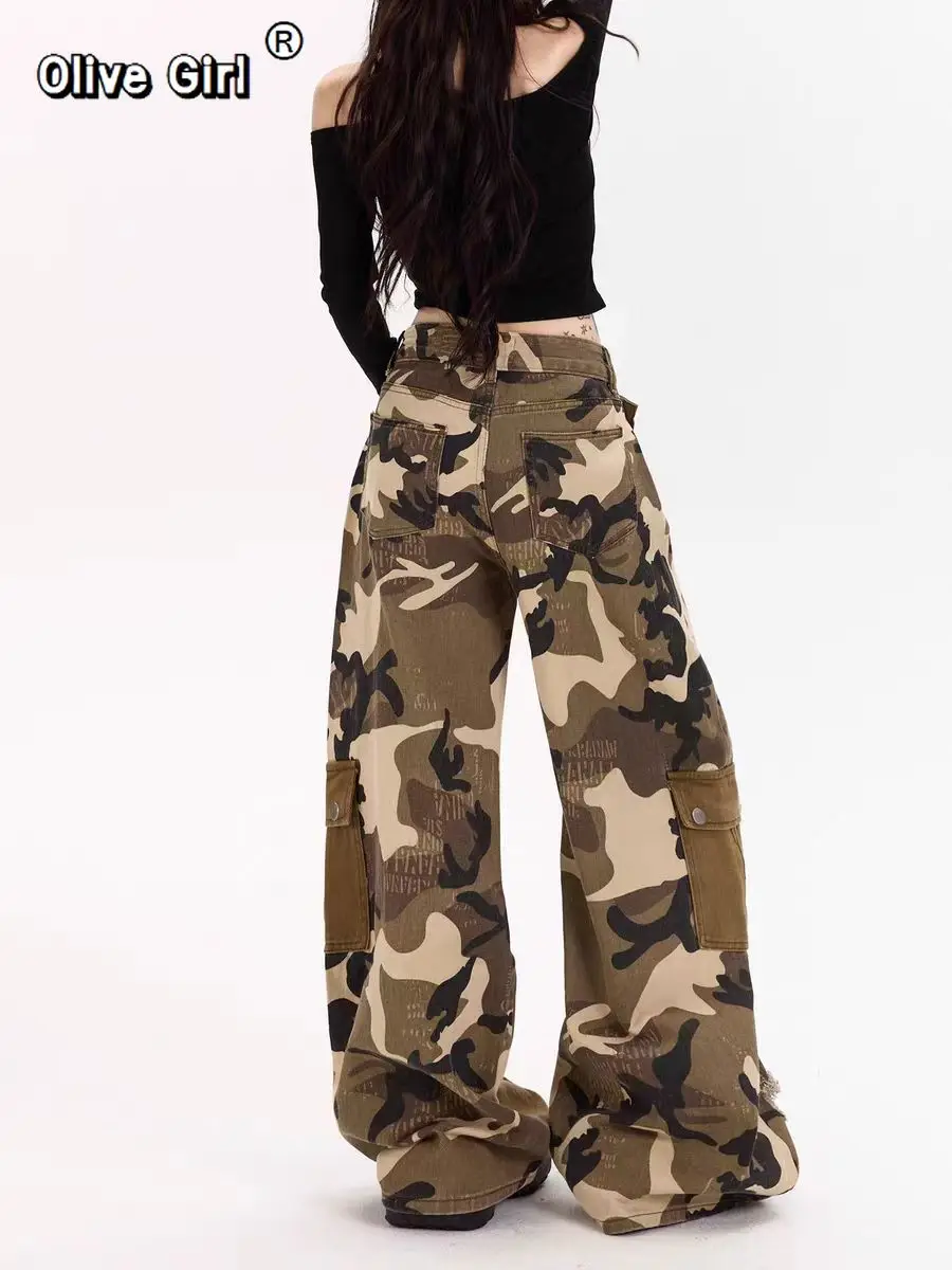 النساء الجينز Harajuku خمر فضفاض سراويل جينز براون التمويه المرقعة ممزق البضائع اليابانية 2000s Y2k ممزق الجينز السراويل #4