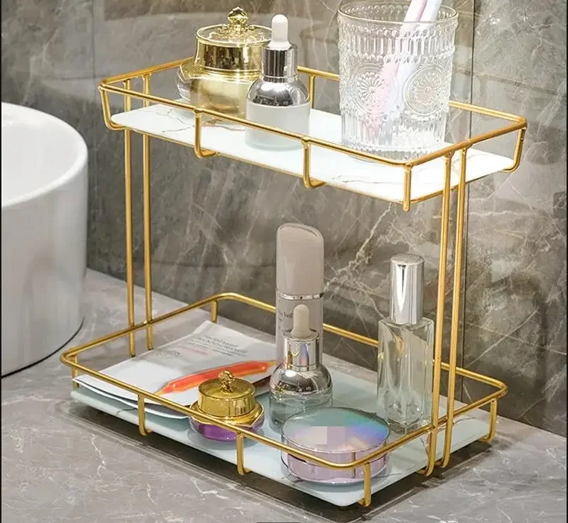 

2-layer Storage Rack Metal Marbled Glass Shelf Bathroom Shelves Cosmetic Organizer Tray Decorative Display Stand
