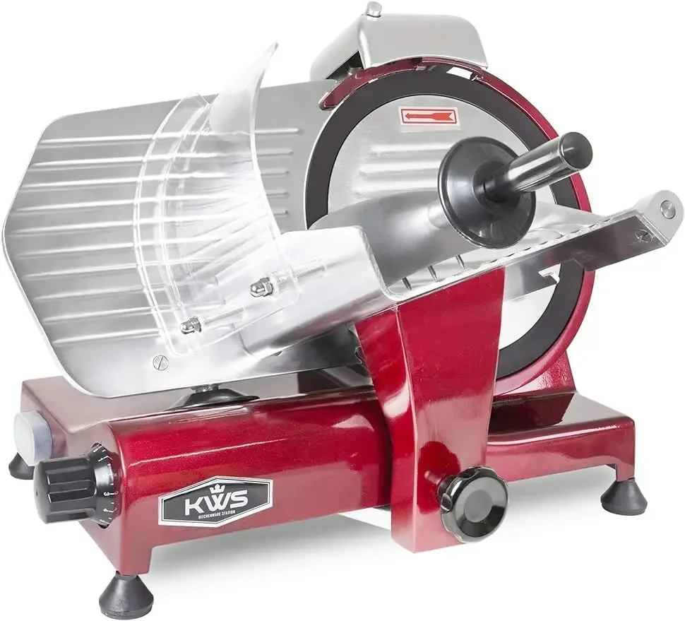 KWS MS-10XT Premium 320W Electric Meat Slicer 10-Inch in Red with Non-sticky Teflon Blade, Frozen Meat/Deli Meat/Cheese