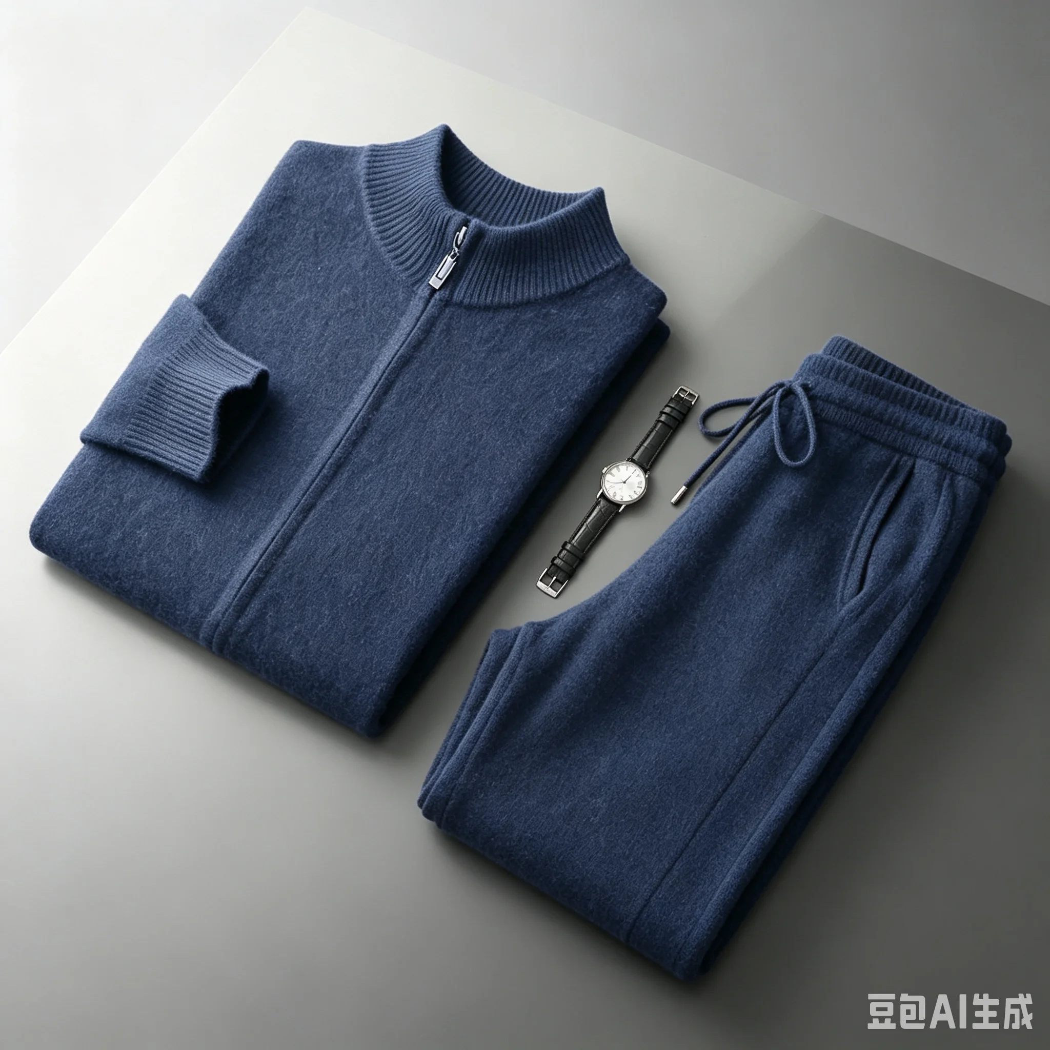 

Autumn/Winter 100% Merino Wool Men's Set Casual Mock Neck Zipper cardigan Coat Solid Knitted Pants Pocket Two Piece Set Thick