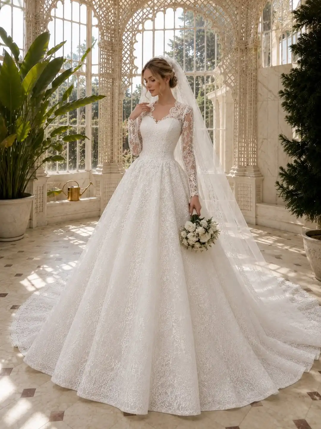 Customzied Elegant Long Sleeve Lace Wedding Dress Princess Ball Gown Sweetheart Bridal Dress Luxury Appliques