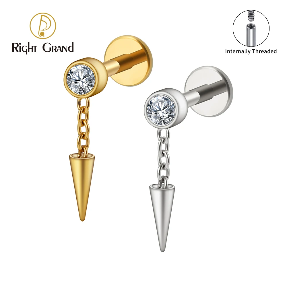 Right Grand ASTM F136 Titânio 16G Moldura CZ Dangle Cone Labret Cartilagem Brinco Conch Helix Stud Tragus Spike Chain Drop Brinco Piercing Jóias