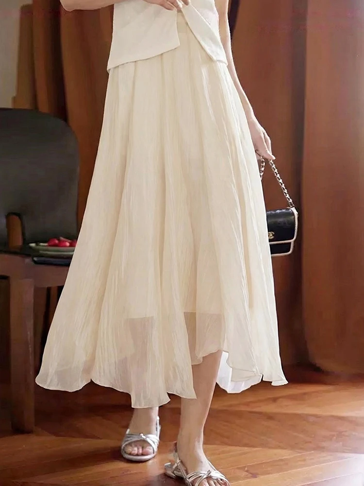 

High Waist Asymmetrical Pleated A-Line Midi Skirt Women's Summer Fashion Versatile Half-length Skirts Elegant Umbrella Skirt