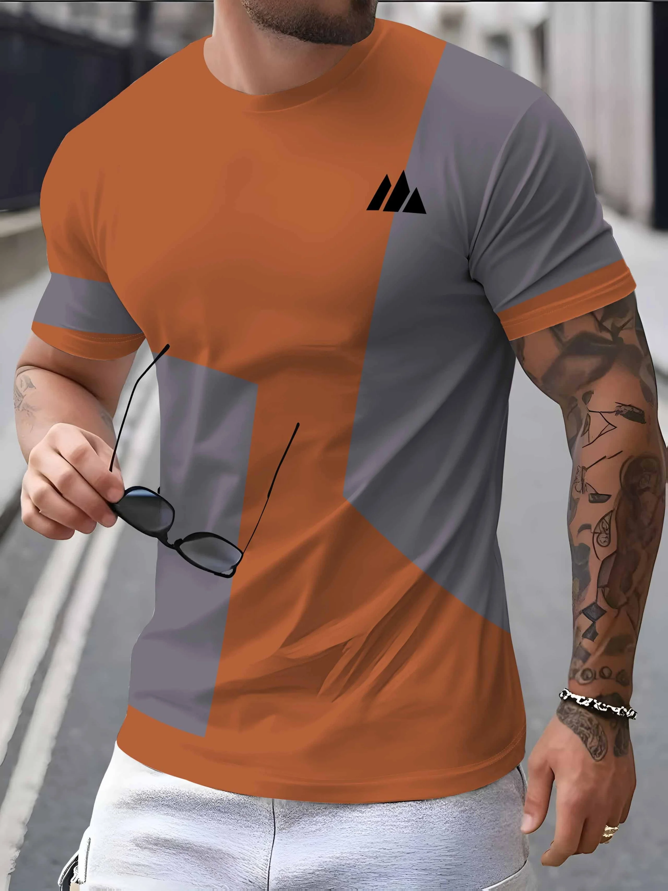 New men's short-sleeve T-shirt, loose-fitting and tailored with printed designs, versatile basic crew-neck top suitable for spri