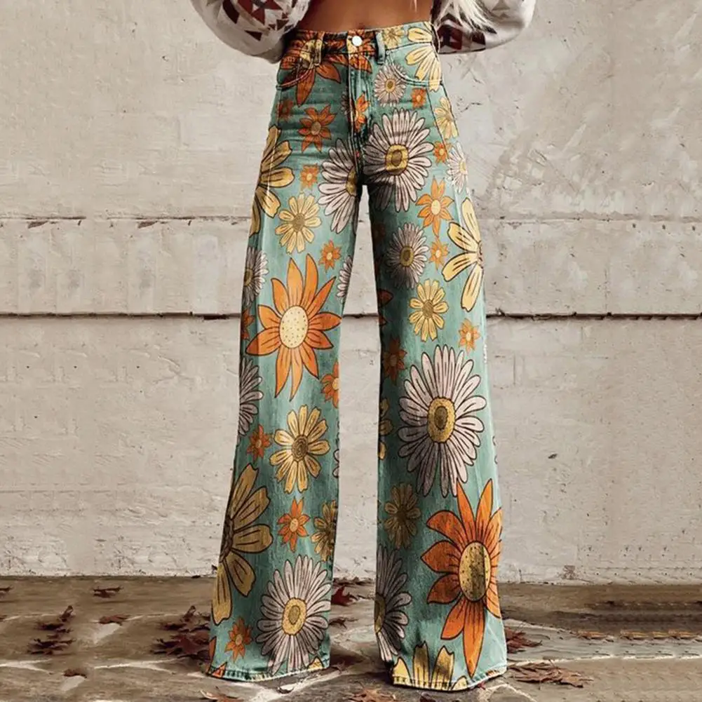 Women Wide-leg Casual Pants Stylish Women's Denim Pants with Digital Flower Print Wide Leg Functional Pockets for Fashionable