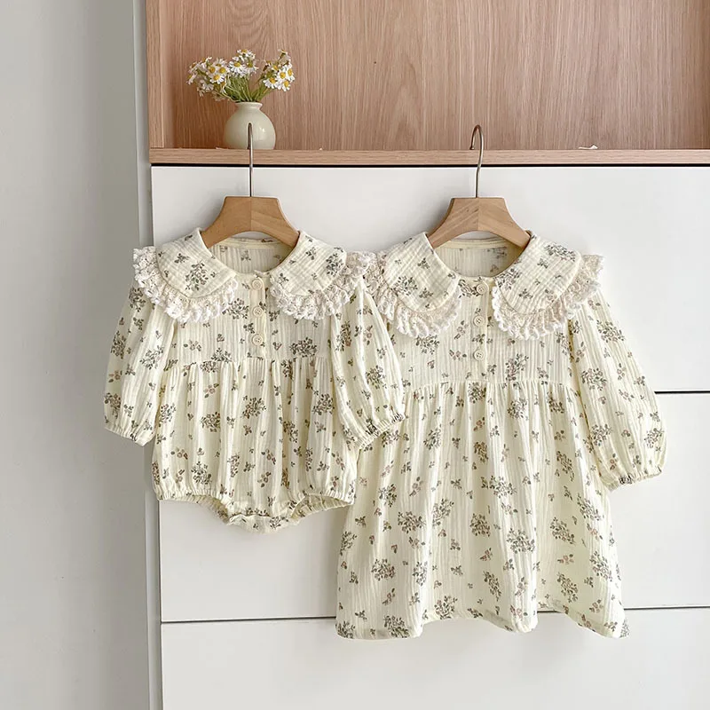 

2025 Autumn Girls' Floral Print Sister Set Long Sleeve Romper with Ruffle Hem Baby Bodysuit Matching Outfit Infant Sisterwear
