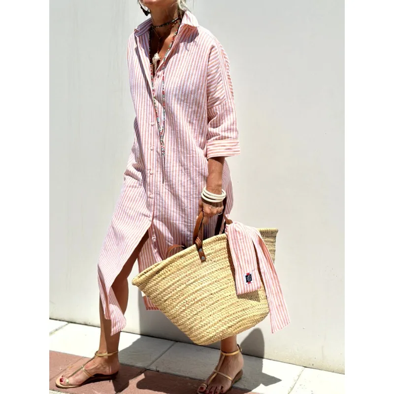 Summer Women Loose Print Bohemian Dress Elegant Stripe Half Sleeve Turn Down Collar Single Breasted Lace Up Long Shirt Dress