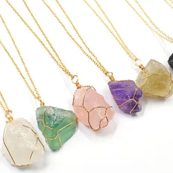 Wire Wrapped Raw Stone Pendant Necklace Handmade Natural Reiki Healing Crystal Gemstone Irregular Quartz Jewelry for Women Men