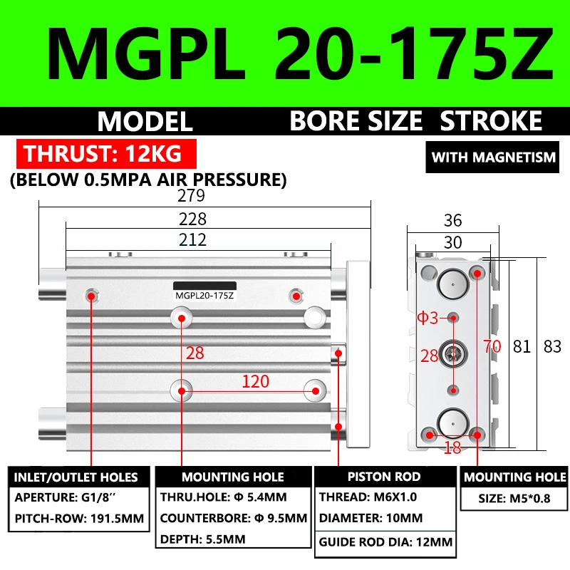 ABILKEEN MGPL20-175Z MGPL Three Axis Three Rod Pneumatic Compact Guide Cylinder 20MM Bore X 175MM Stroke Thin Air Cylinder