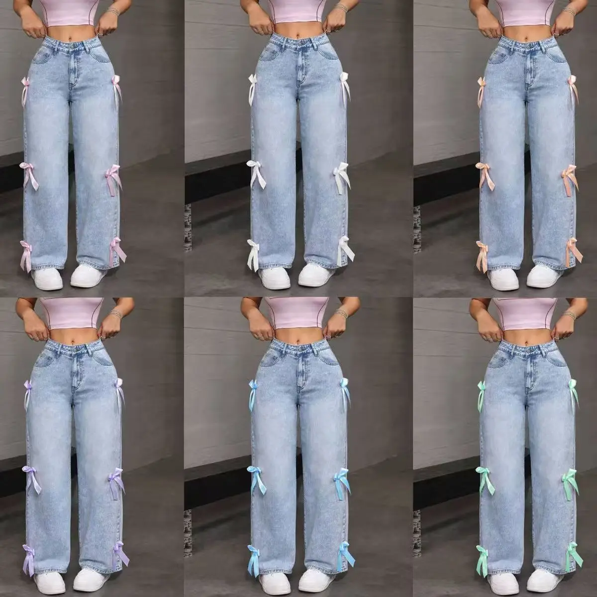 

Джинсы Y2K Cool Girl с бантом, большие прямые джинсовые брюки, потертые уличные брюки в стиле ретро для женщин, весна-осень