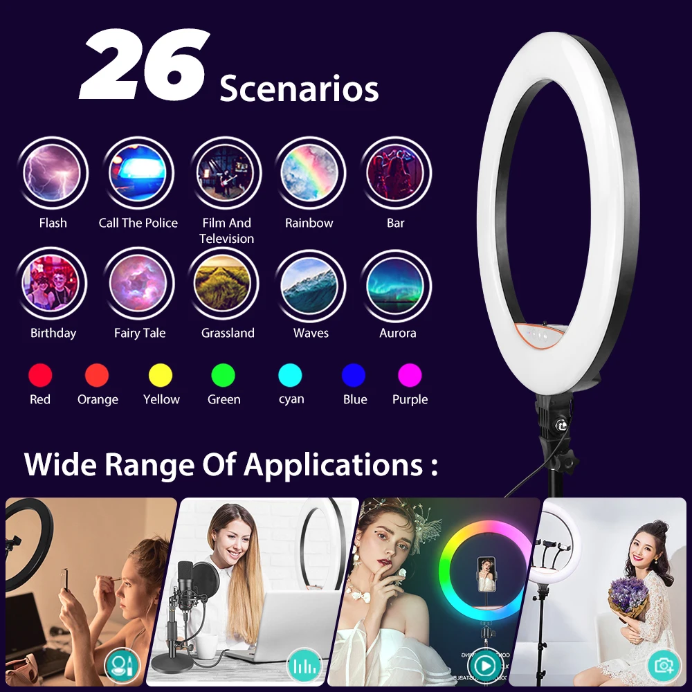 RGB Ring Light Dimmable 10in 12in 14in 1/4 thread Selfie Lamp Photographic Lighting Studio Video Light For Live Make Up