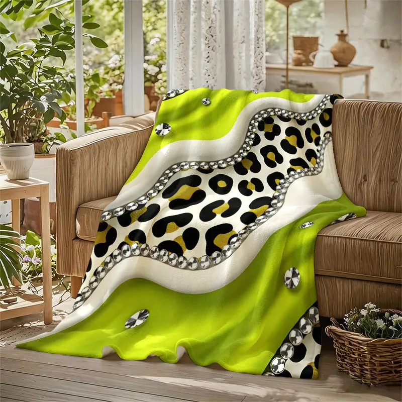 Neon Leopard Rhinestones Flannel Blanket Perfect for Sofa Office Bed Travel Sleep Read Relax Camping Four Season Use
