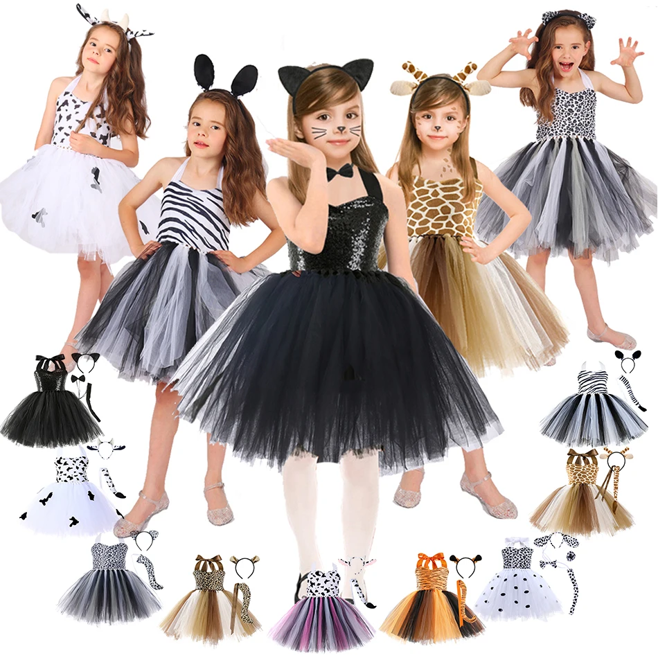 Girls Forest Animal Dress Up Costume Kids Cat Dog Tiger Stage Performance Outfits Children's Day Cute Tutu Photography Apply